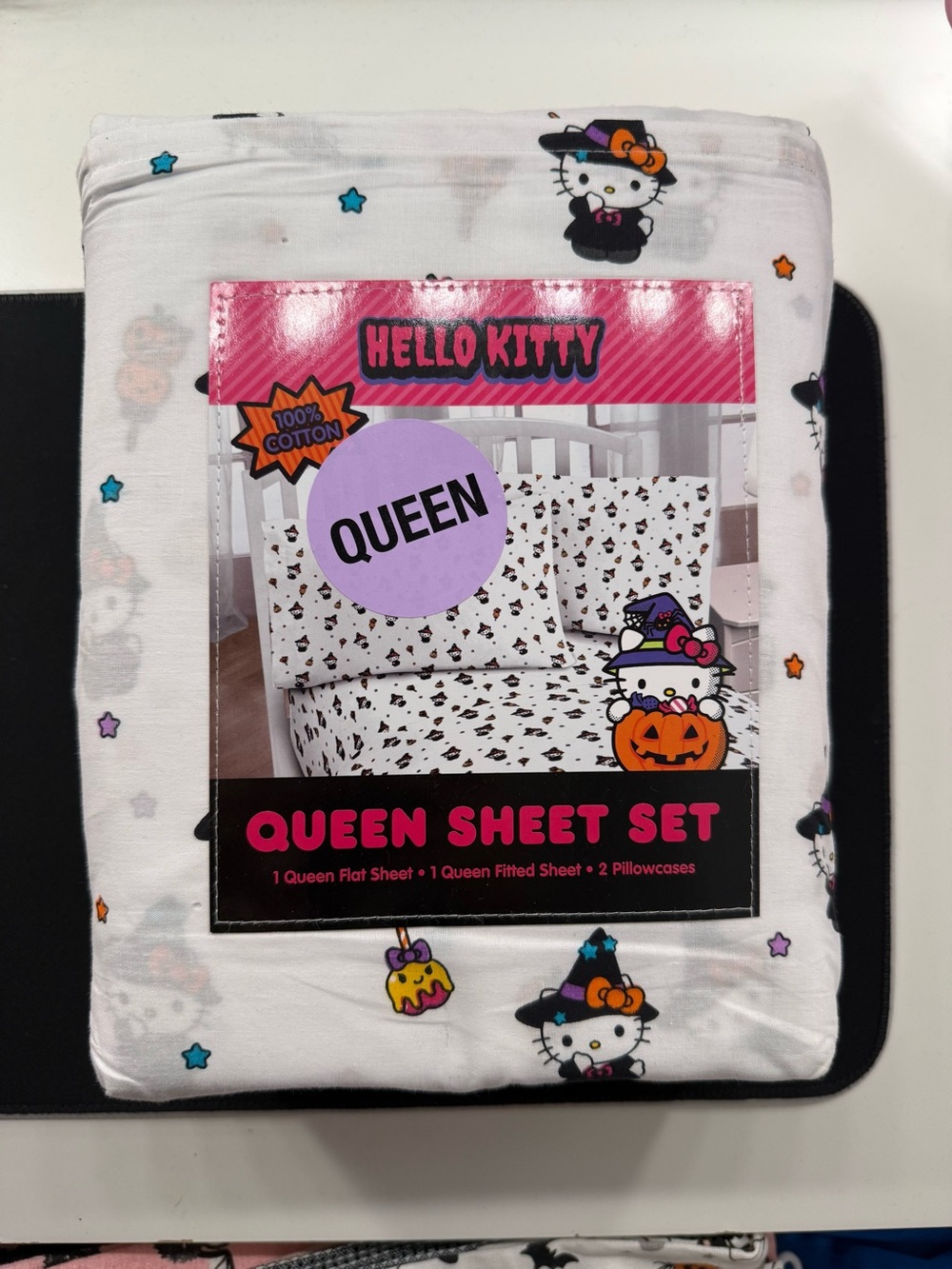 Hello Kitty Halloween Witch Pumpkin Queen Sheet Set 100% Cotton White NEW